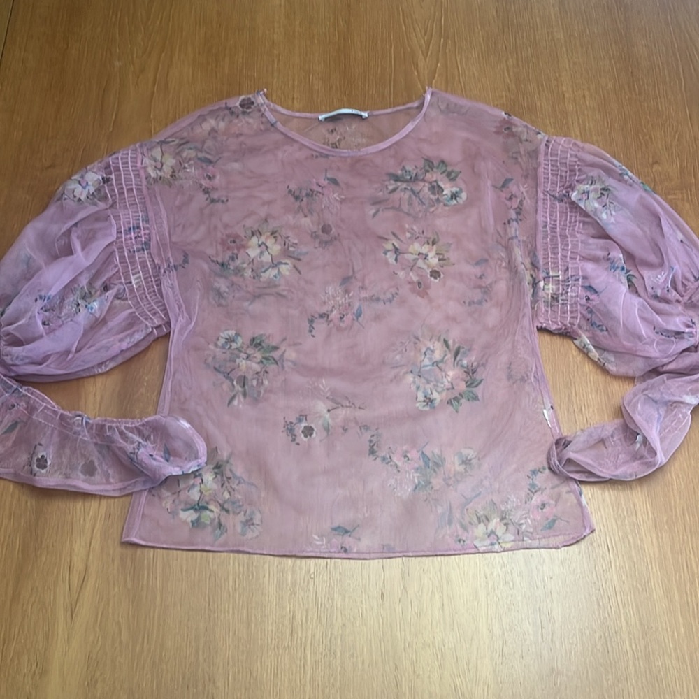Zara Romantic Boho Dusty Pink Floral Sheer Blouse, S